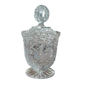 VTG Hofbauer German 24% Leaded Crystal Compote Candy Dish Lid Birds Engraved